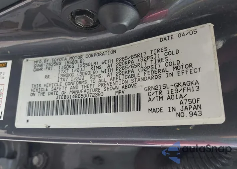 2005 Toyota 4Runner Sr5 Sport V6 z USA, uszkodzony, nr VIN JTEBU14R650072383